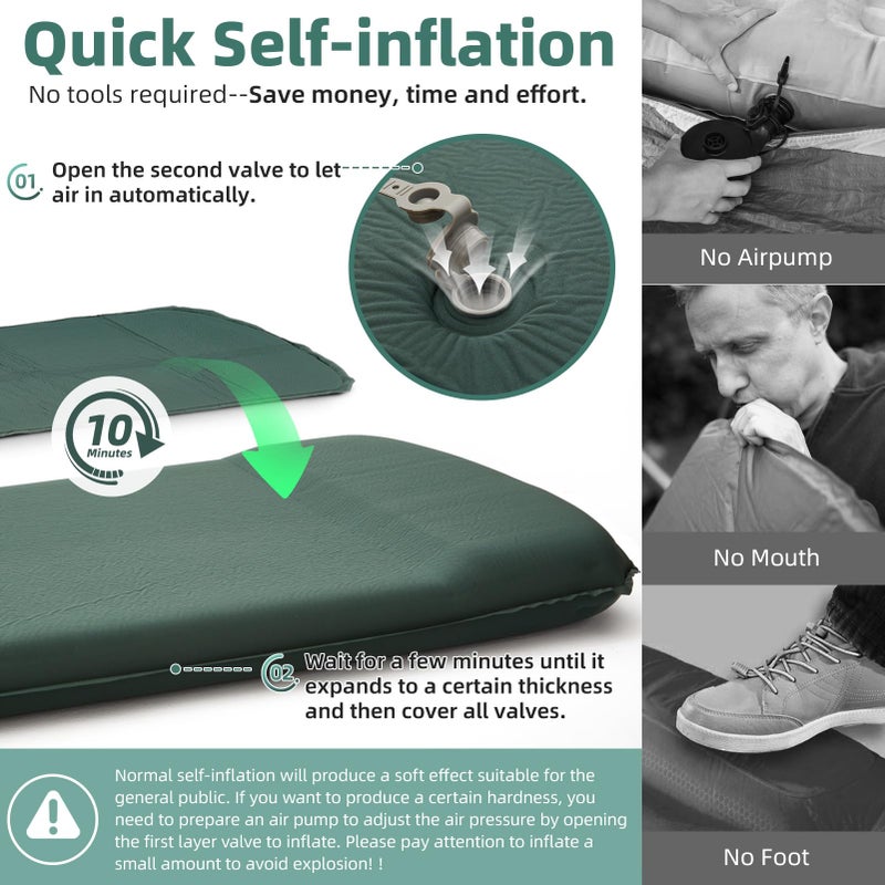 INVOKER 3.15" Self Inflating Camping Sleeping Pad, Ultra-Thick Elasticity Foam Fast Inflating 4-Season Insulated Durable Camping Mat Air Mattress with Pillow, for Tent, Car, Camping, Traveling, Green - Image 2